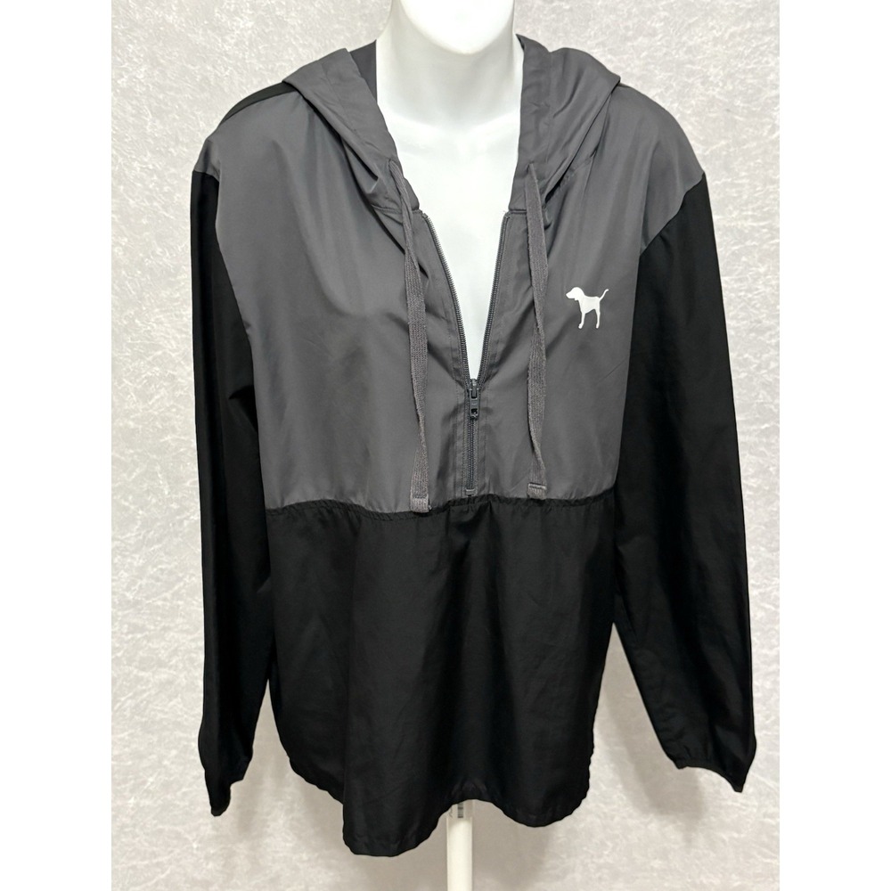 Victoria's Secret PINK Black & Gray Pullover 1/2 Zip Hood Windbreaker Jacket M/L